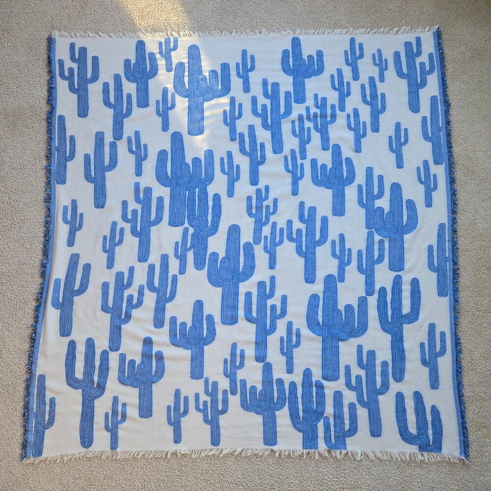 Anthropologie x Shingora Large Cotton Square Scarf Blue Saguaro Cactus - Picture 4 of 12